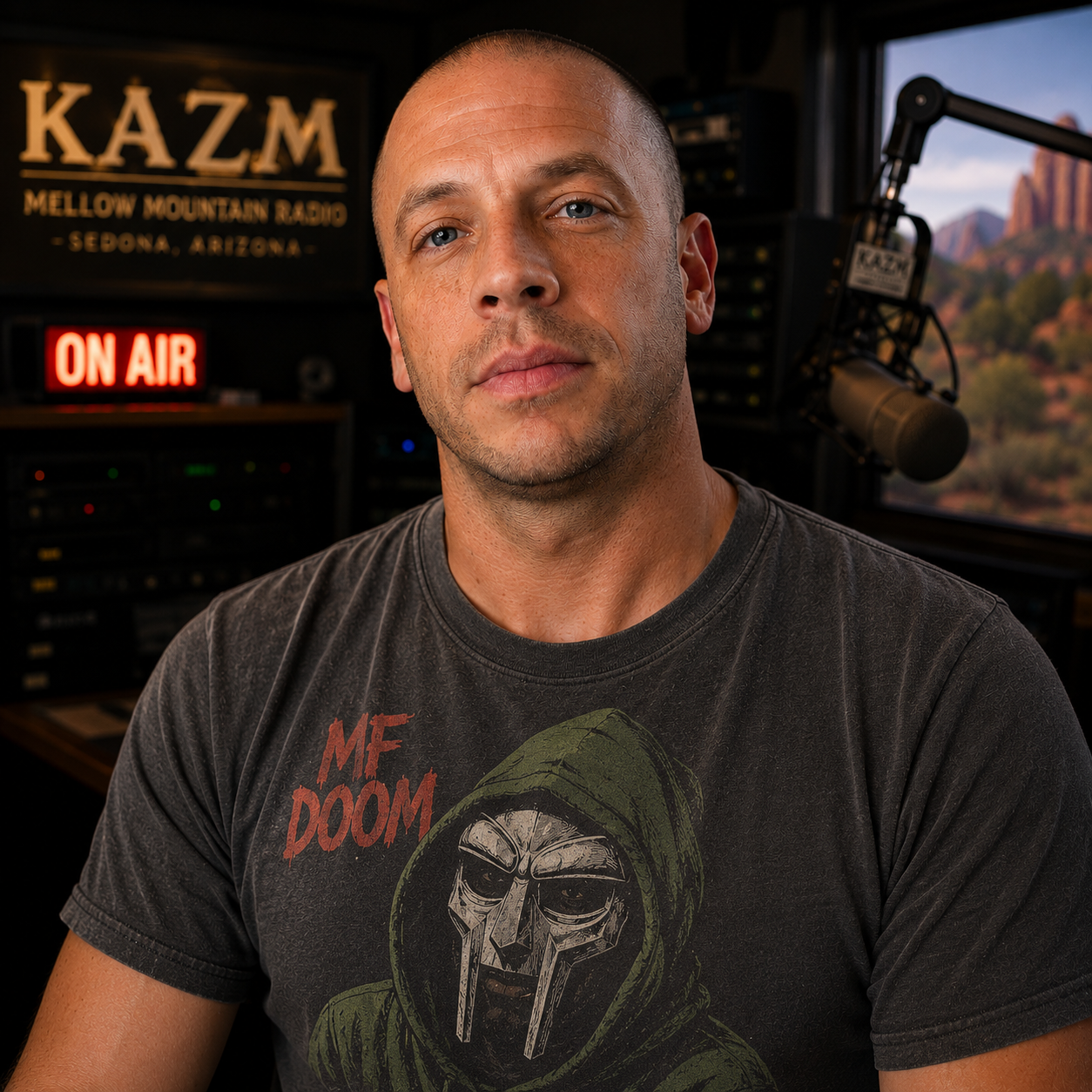 Chuck Helstein, General Manager and Program Director, in the KAZM studio