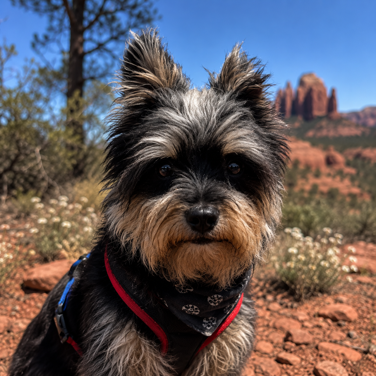 Loki, Station Dog, on a red rock trail near Cathedral Rock